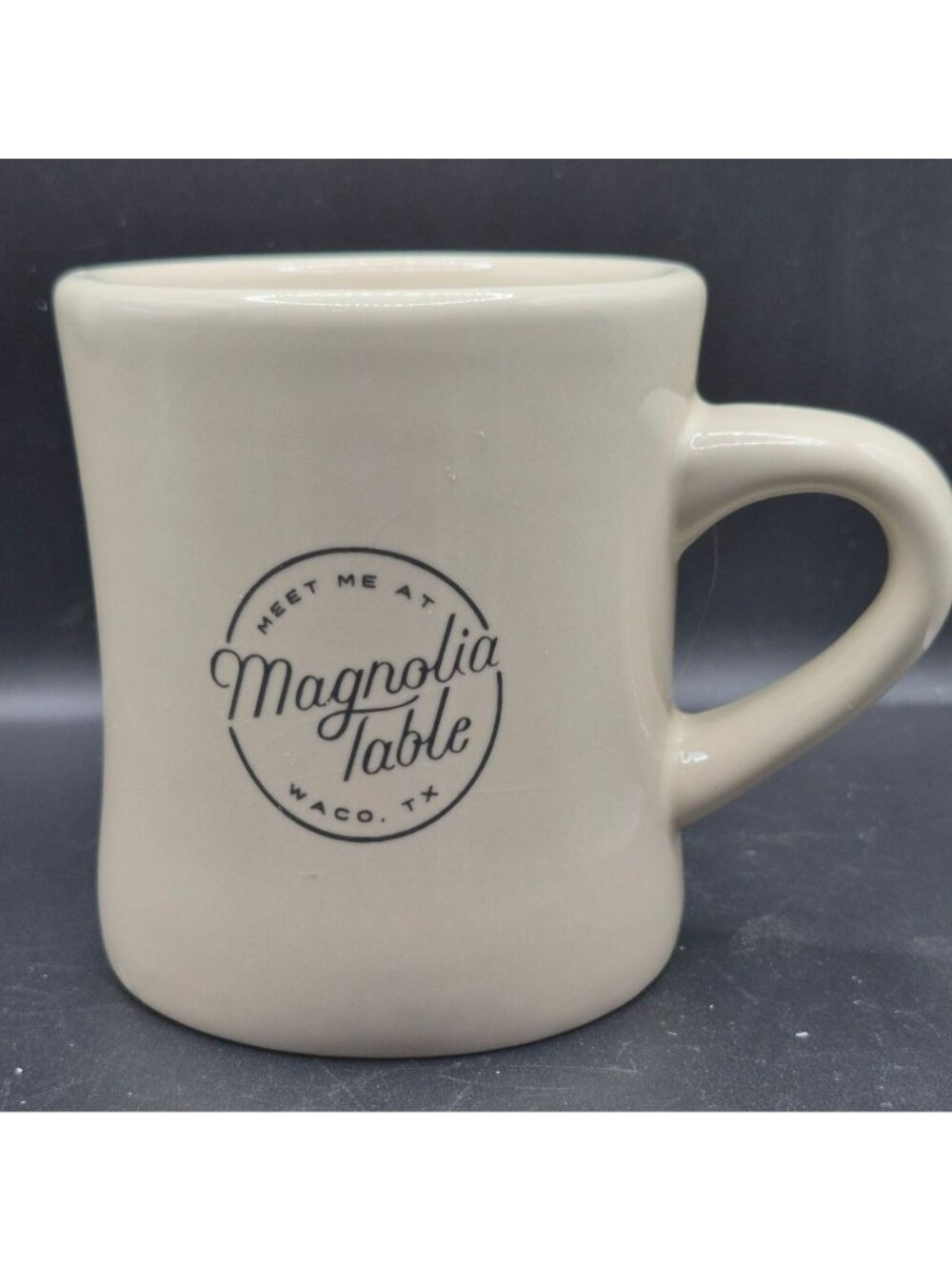 Meet Me At Magnolia Table Ceramic Coffee Mug Beige Waco TX Inspirational Vintage